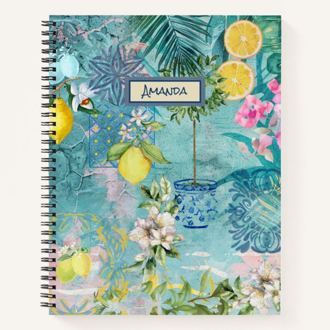 Chic Collage blau türkis sizilianisch Zitrusblüte Notizbuch (Vorderseite)