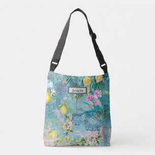 Chic Collage blau türkis sizilianisch Zitrusblüte Tragetaschen Mit Langen Trägern