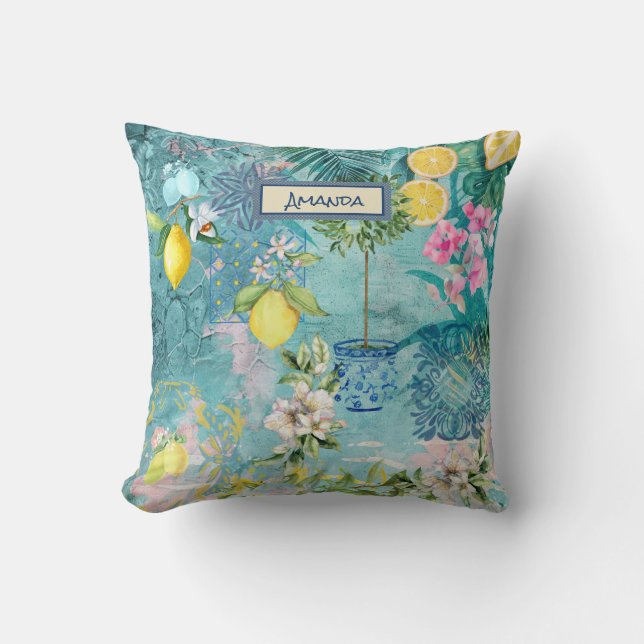 Chic collage blue turquoise sicilian citrus floral kissen (Vorderseite)