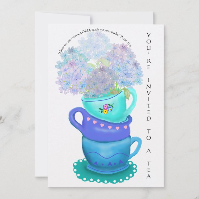 Chic Colored Pencil Hydrangea Floral Teacups Einladung (Vorderseite)