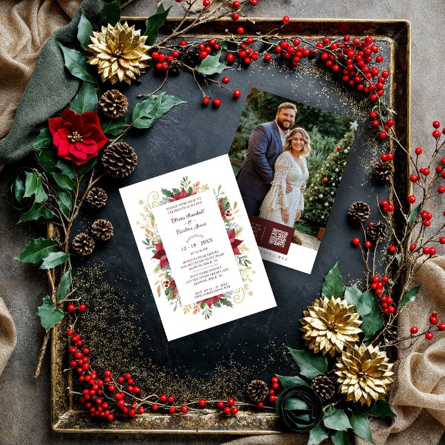 Chic Colorful Christmas Botanical & Floral Frame  Einladung (Chic Colorful Christmas Botanical and Floral Frame Wedding Invitations Cards with Back QR Code.)