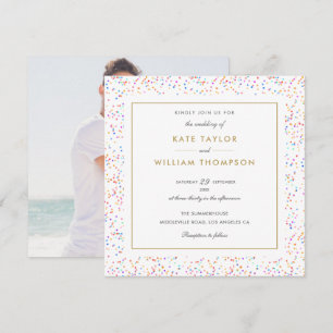 Chic Colorful Rainbow Confetti Foto Wedding Einladung