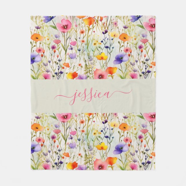 Chic colorful wildflowers watercolor script name fleecedecke (Vorderseite)