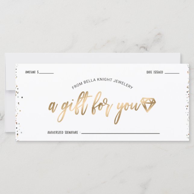 Chic Confetti & Gold Diamond Gem Geschenkgutschein (Vorderseite)
