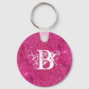 Chic Cool Pink Glitzer White Initial Monogram Schlüsselanhänger