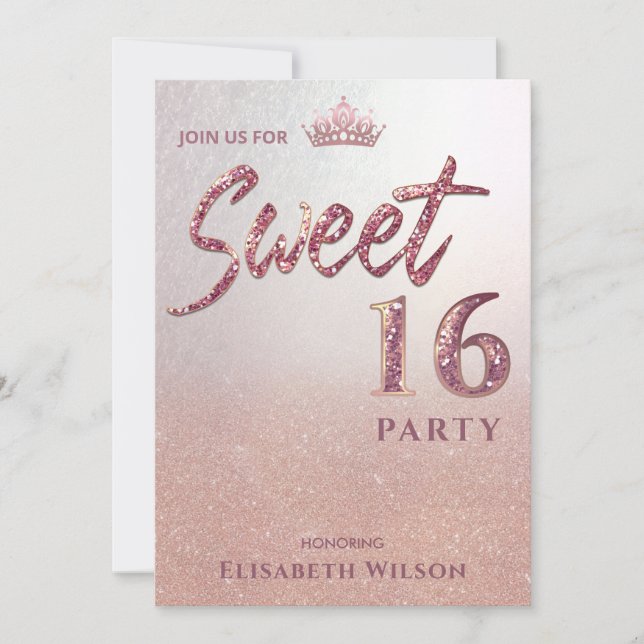 Chic Coole Typografie Rose gold tiara süß 16 Einladung (Vorderseite)