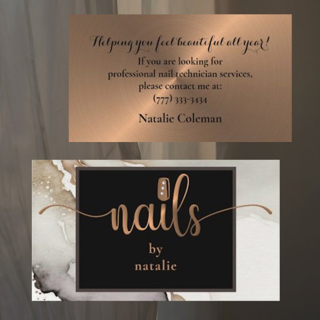 Chic Copper & Black Nail Techniker Business Card Visitenkarte (Von Creator hochgeladen)