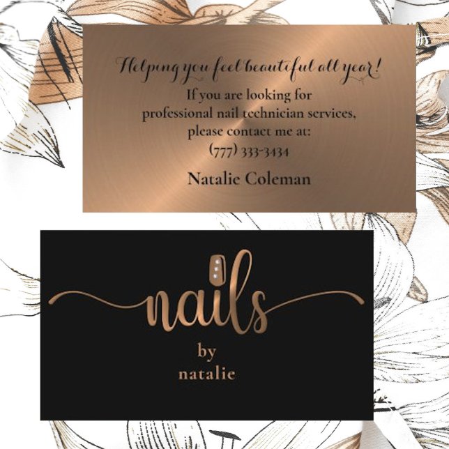 Chic Copper & Black Nail Techniker Business Card Visitenkarte (Von Creator hochgeladen)