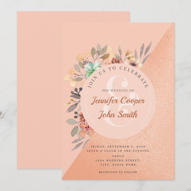Chic Copper Watercolor Floral Wedding Einladung (Vorne/Hinten)