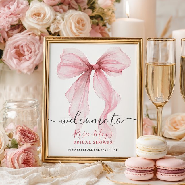 Chic Coquette Pink Bow Brautparty Willkommen Poster (Chic Coquette Pink Bow Bridal Shower Welcome Poster)