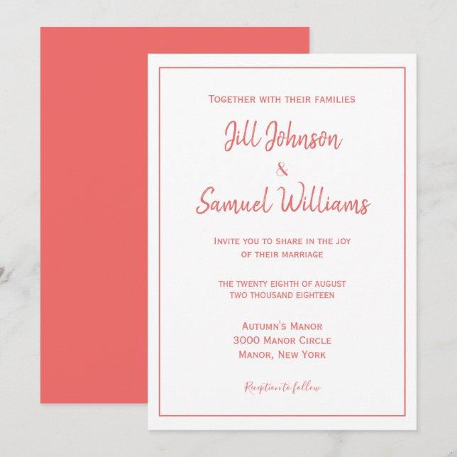 Chic Coral and White Wedding Einladung (Vorne/Hinten)