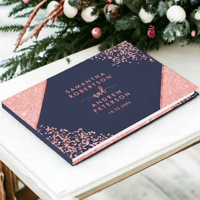 Chic Coral Glitzer Konfetti blauen Hochzeit Gästebuch (Chic Coral glitter confetti navy blue wedding Guest Book)