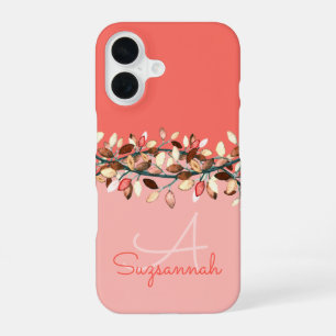 Chic Coral Ombre Custom Monogram Leafy Branches iPhone 16 Hülle