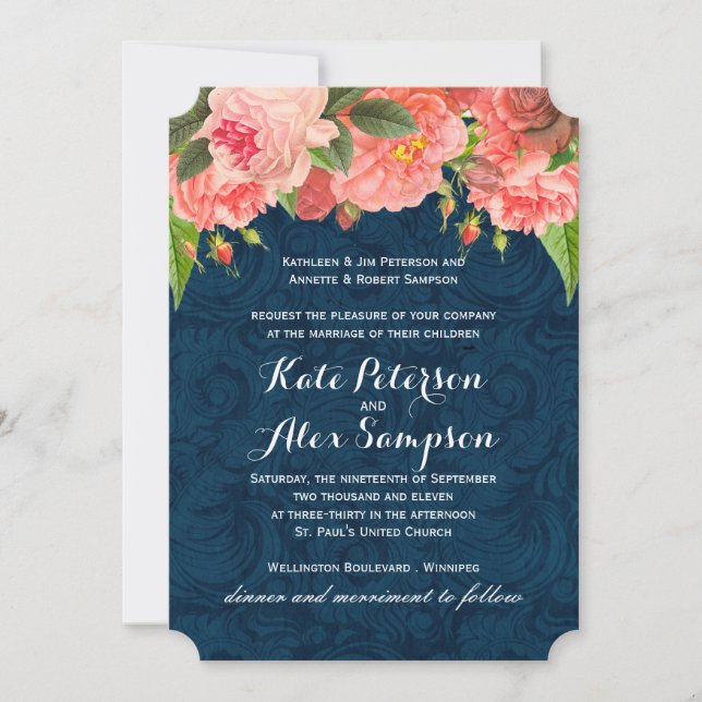 Chic Coral und Navy Blue Hochzeit Einladung (Vorderseite)