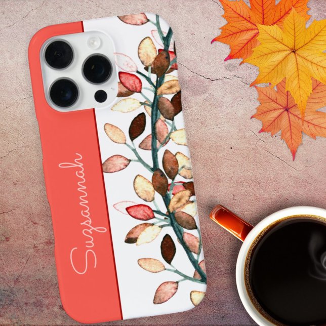 Chic Coral White Herbstlaubs Individuelle Name iPhone 16 Pro Hülle (template phone case back design)
