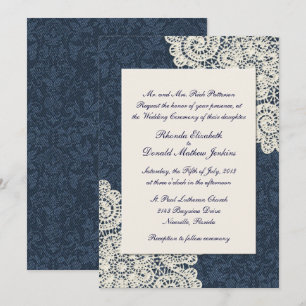 Chic Country Denim Damask & Elfenbeinspitze Hochze Einladung