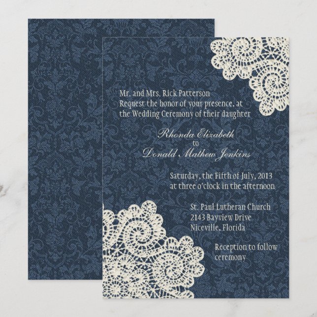 Chic Country Denim Damask & Elfenbeinspitze Hochze Einladung (Vorne/Hinten)