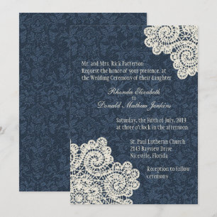 Chic Country Denim Damask & Elfenbeinspitze Hochze Einladung