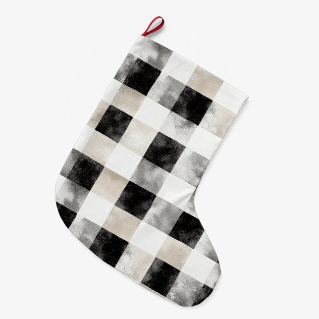 Chic Cream Black Kariert Christmas Großer Weihnachtsstrumpf (Vorderansicht (hängend))