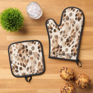 Chic Cream Brown Leopard Animal Print Ofenhandschuh & Topflappen-Set