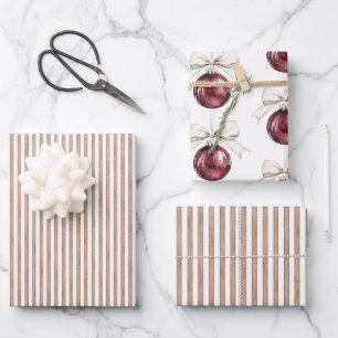 Chic Cream Brown Streifen Weihnachten Rote Ornamen Geschenkpapier Set