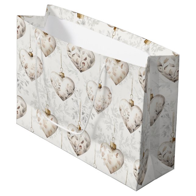 Chic Cream Grey Hearts Ornaments Wedding Große Geschenktüte (Vorderseite Schrägansicht)