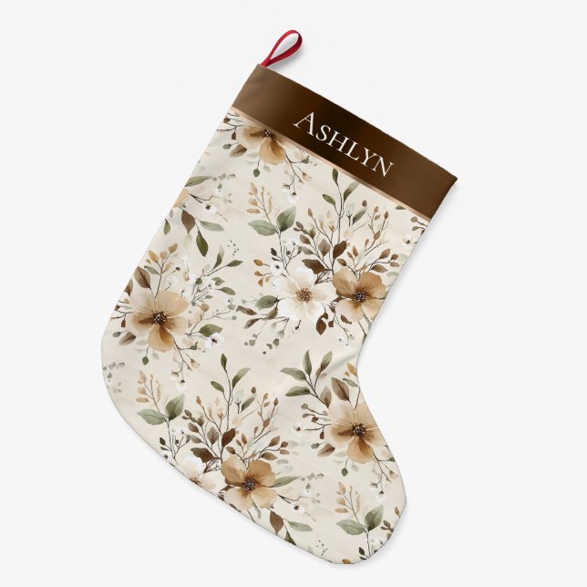 Chic Cream White Brown Blume Weihnachten Großer Weihnachtsstrumpf (Vorderansicht (hängend))