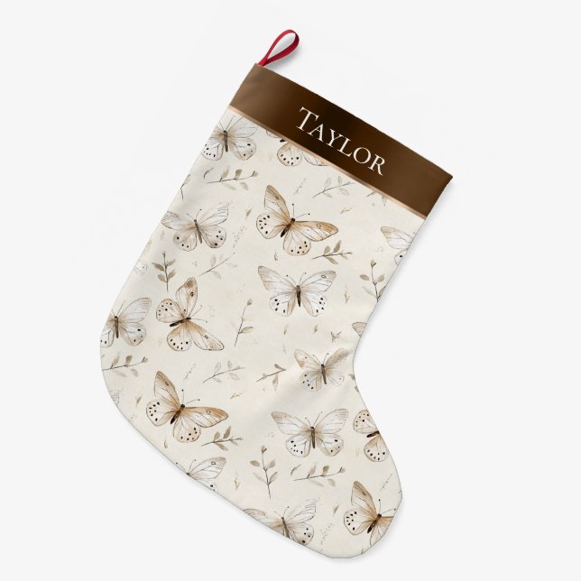 Chic Cream White Brown Schmetterlinge Weihnachten Großer Weihnachtsstrumpf (Vorderansicht (hängend))
