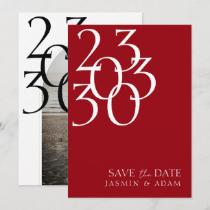 Chic Crimson Red White Minimal Foto Hochzeit Save The Date