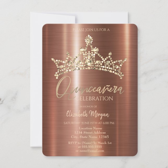 Chic Crown Brown Metallic Quinceañera Einladung (Vorderseite)