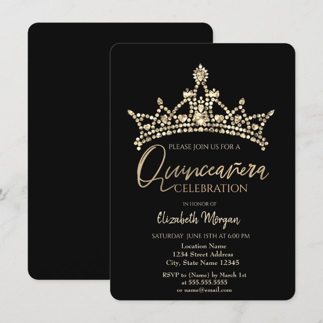 Chic Crown Confetti Black Quinceañera Einladung (Vorne/Hinten)