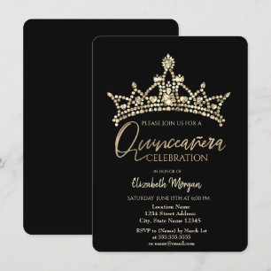 Chic Crown Confetti Black Quinceañera Einladung