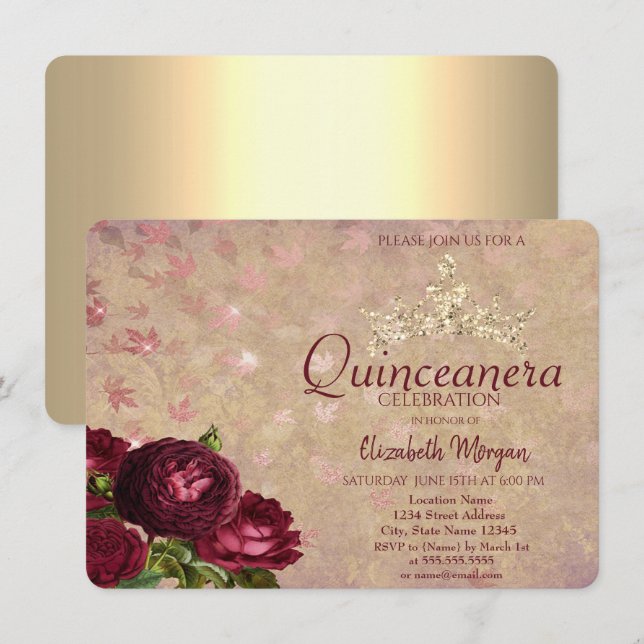 Chic Crown Rote Rosen Quinceañera Einladung (Vorne/Hinten)