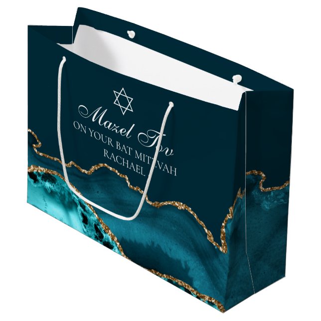 Chic Custom Bat Mitzvah Mazel Tov Aquamarin Gold Große Geschenktüte (Vorderseite Schrägansicht)