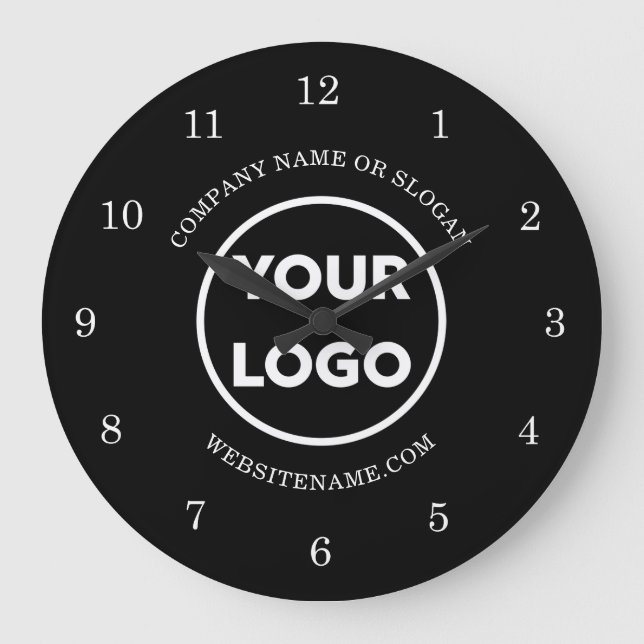 Chic Custom Business Logo und Text auf schwarz Große Wanduhr (Vorderseite)
