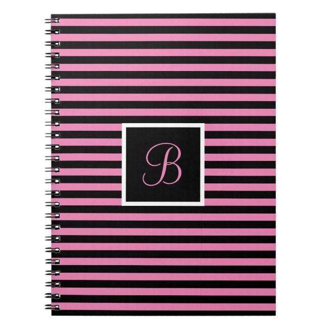 Chic Custom Initial Letter Pink und Black Striping Notizblock (Vorderseite)
