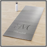 Chic Custom Monogram Grey Brushed Metallic Script  Yogamatte<br><div class="desc">This chic stylish 2 color custom monogram in grey and brushed metallic -- also has your first name in script AND on the back, if you wish, a text block for your name /address / email should this ever get left behind - otherwise can eliminate. Elegant for your lessons or...</div>