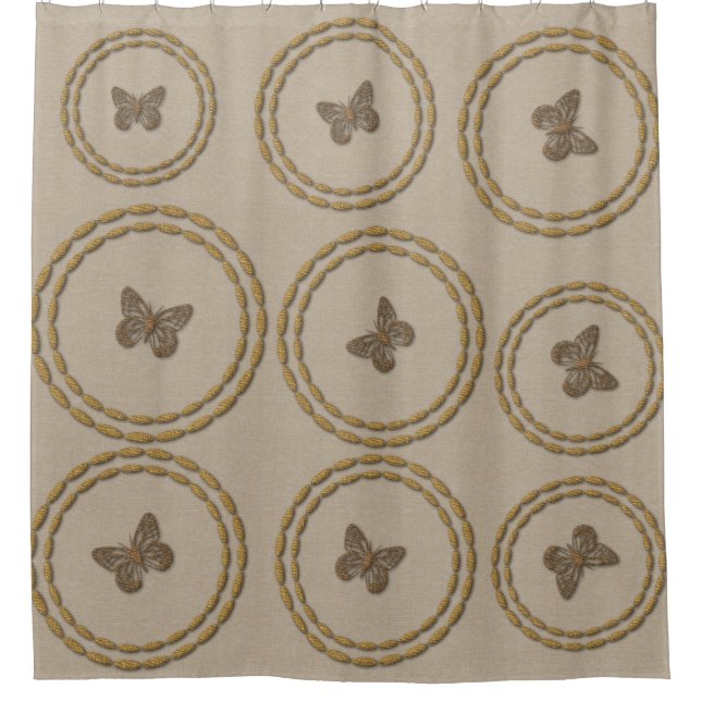Chic Cute Gold Butterfly Linen Look Douche rideau (Devant)