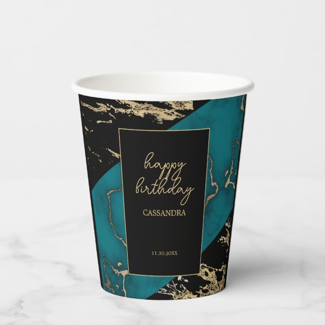 Chic Cyan Marble Gold Foil Paint Texture Geburtsta Pappbecher (Rückseite)