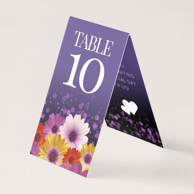 Chic Daisies Lila Glitzer Hochzeitstische Tischkar (Vorderseite)