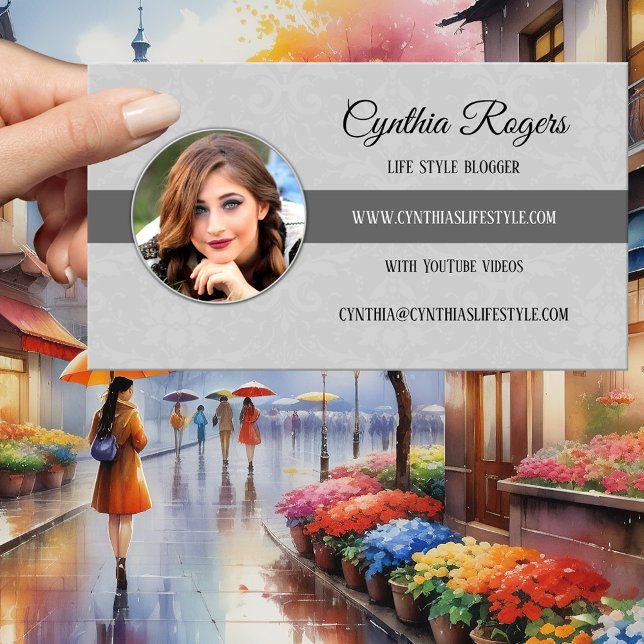 Chic Damask Grey Photo Carte de visite (Business card featuring your own photo framed by a simple grey elegant design with a damask pattern)