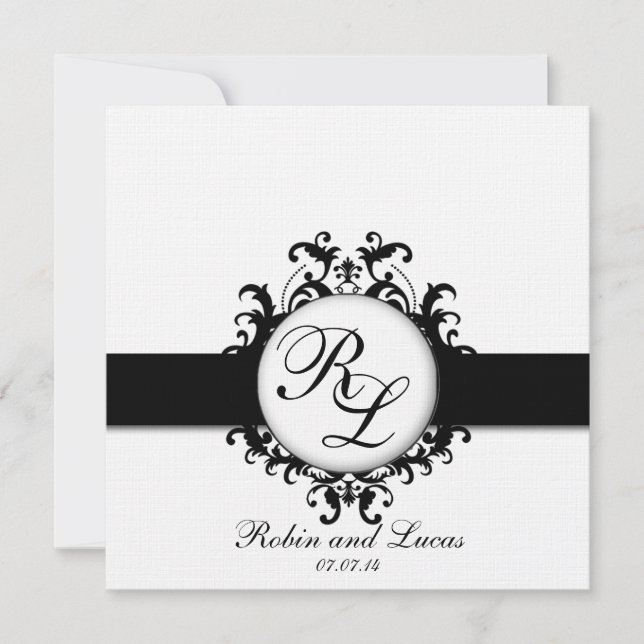 Chic Damask Monogramme Hochzeit lädt Schwarz-weiß  Einladung (Vorderseite)