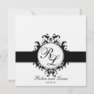 Chic Damask Monogramme Hochzeit lädt Schwarz-weiß  Einladung