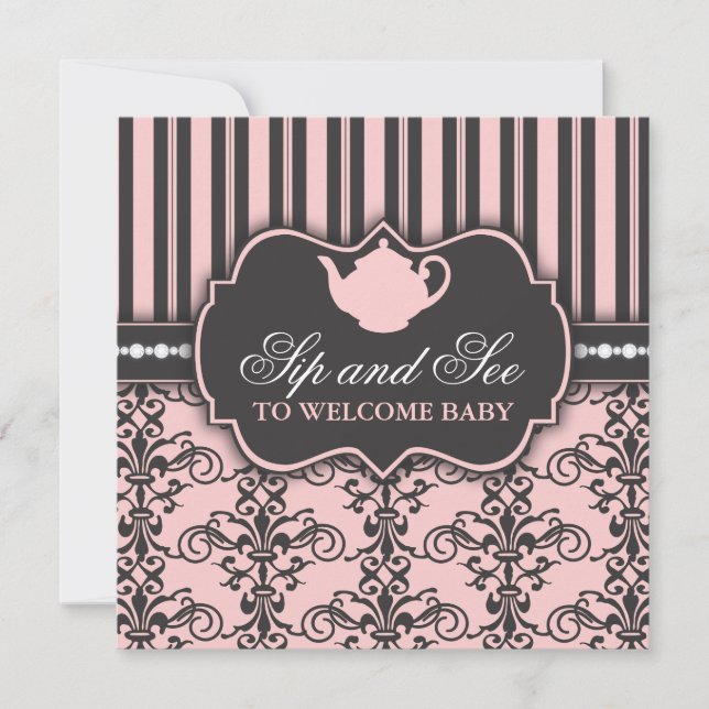 Chic Damask Pink Sip and See Baby Tea Invitation (Devant)