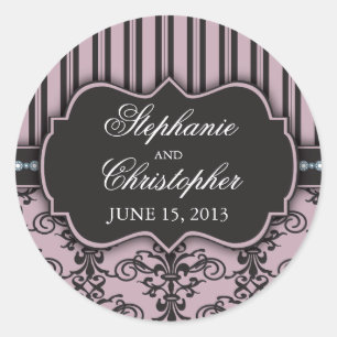Chic Damask & Strip-Gastgeschenk Hochzeit Runder Aufkleber