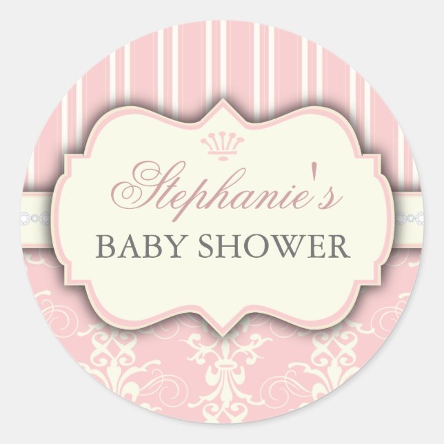 Chic Damask & Stripe Baby shower Favoriser Sticker (Devant)