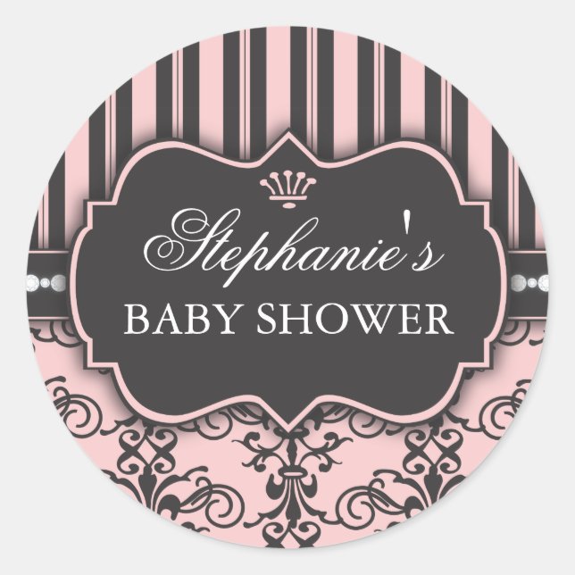 Chic Damask & Stripe Baby shower Favoriser Sticker (Devant)