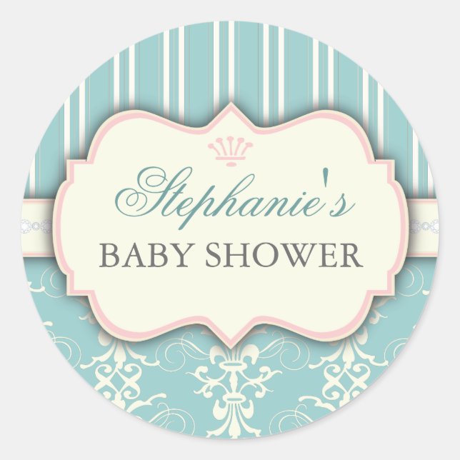 Chic Damask & Stripe Babydusche Sticker (Vorderseite)