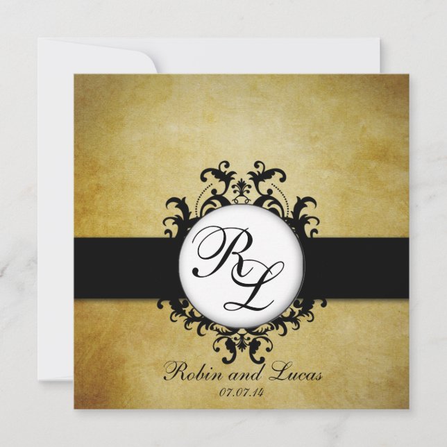 Chic Damask Vintag Monogram Wedding Einladung (Vorderseite)