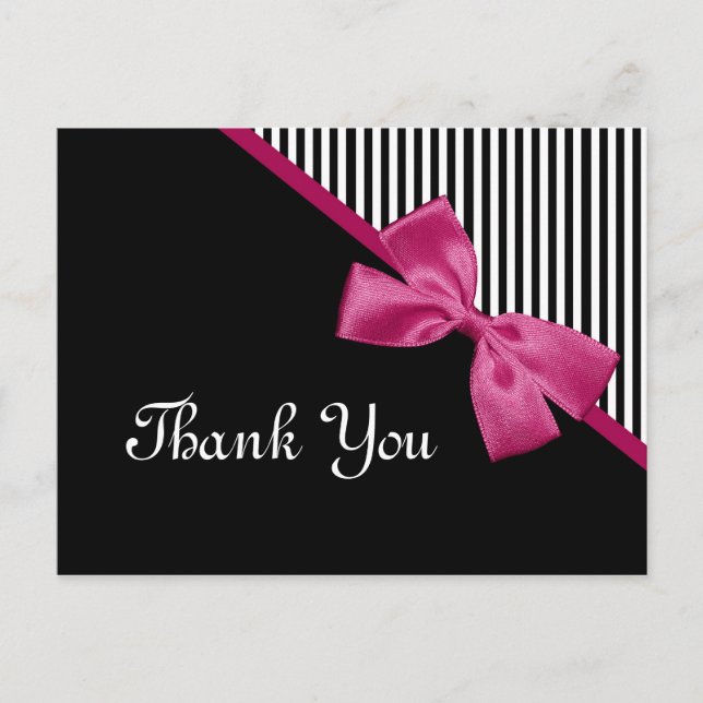 Chic danke Ihnen Schwarz-Weiß Streifen rosa Band Postkarte (Vorderseite)
